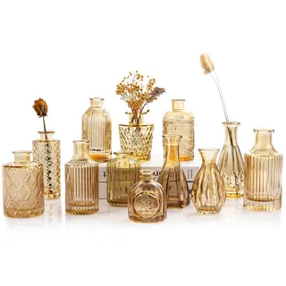 TBWIND Kleine Vasen für Tafelaufsätze, bernsteinfarbene Glasvasen für Hochzeitsdekoration, klare Glasvase in Großpackung für einzelne Blumen, Büro und Zuhause, Tischdekoration, 12 Stück