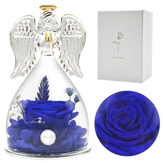 heekim Ewige Rose mit Engel Figur, Geschenke für Frauen, Geburtstagsgeschenk für Frauen, Geschenke für Mama/Oma, Ewige Rose in Engel Glaskuppel (Blau)