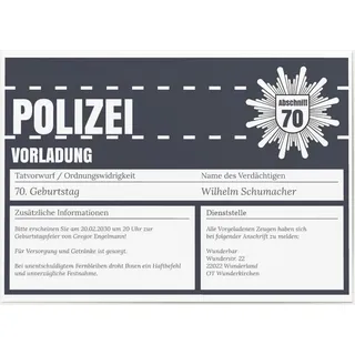 70. Geburtstag Einladungskarten Grau online gestalten und bestellen - Polizeiliche Vorladung in Grau | Wunderkarten.de