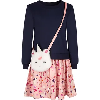 Sweatkleid HAPPY GIRLS, Mädchen, Gr. 122, N-Gr, blau (navy), Sweatware, Obermaterial: 100% Baumwolle, bedruckt, regular fit normal, Rundhals, Rippbündchen, Kleider, mit kleiner Umhängetasche im Einhorn-Look