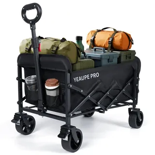 YEAUPE PRO Bollerwagen Faltbar mit Bremsen, 125L 100KG Belastbar, 17x10cm Extra Breite Reifen All Terrain Bollerwagen mit 2 Wasserflaschentaschen und 1 Netztasche, Handwagen für Garten/Strand/Camping
