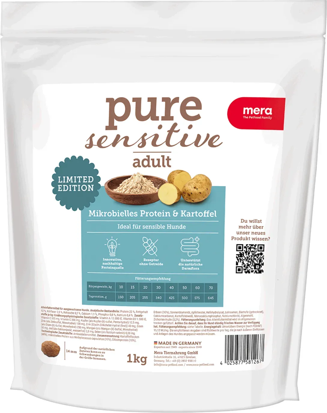 mera pure sensitive Mikrobielles Protein & Kartoffel Trockenfutter 1kg | ultra sensitiv Rezeptur für sensible Hunde 1kg
