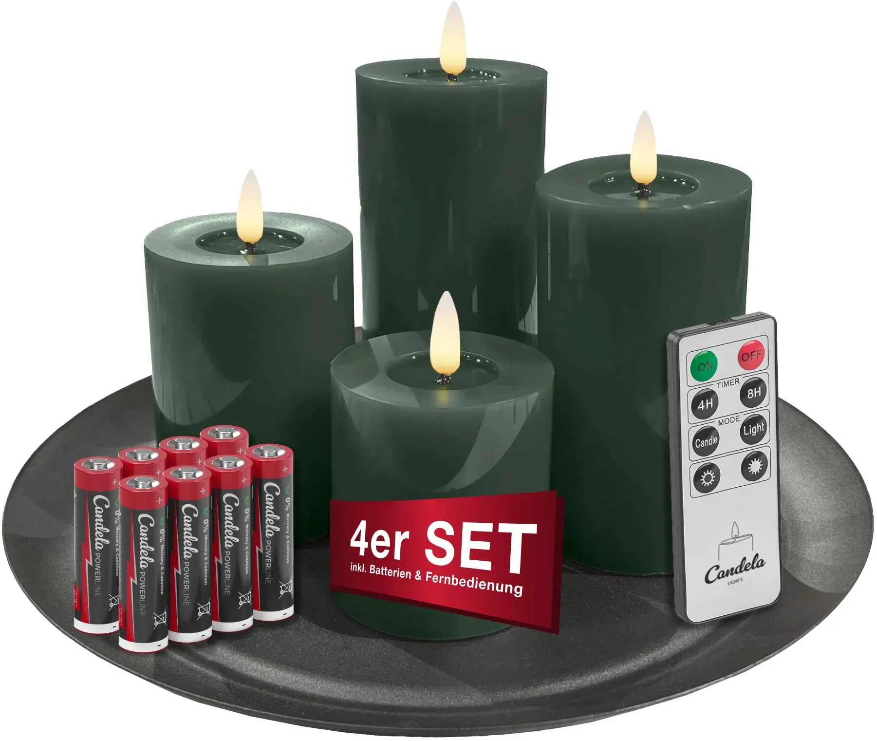 Candela Lights LED Kerzen 4er Set Winter Kollektion Echtwachs Stumpenkerzen grün inkl. Fernbedienung, Dekoteller & Batterien Timer & dimmbar