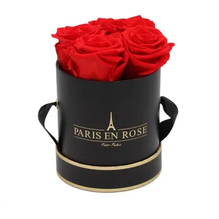 Rosenbox Ø 10 cm Schwarz-Gold mit 4 Roten Rosen