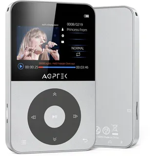 AGPTEK 64GB MP3 Player Bluetooth 5.3, mit 2,3 Zoll TFT horizontalem Farbbildschirm, MP3 Player mit Kopfhörer unterstützt bis 128GB SD Karte, FM Radio, Aufnahme, E-Buch, Schrittzähler, Sternsilber