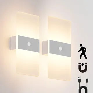 Coinmit 2 Stück Wandleuchte mit Bewegungssensor, 3000K, 4000mAh Akku Wandleuchte, Acryl Innenwandleuchte mit USB-Kabel, aufladbare Wandlampe für Flure und mehr. (Silber)
