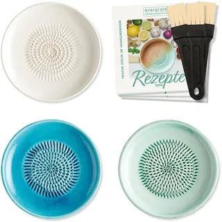 evergrate Keramikreibe 3er Verschenkset - Cremeweiß, Türkis, Mint mit Küchenpinseln und Rezeptheften