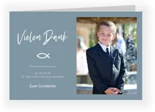 Kommunion Danksagungskarten in Blau mit eigenen Fotos gestalten im Design "Ichthysfoto" - Musterkarte - Karten einfach online bei wunderkarten gestalten und bestellen