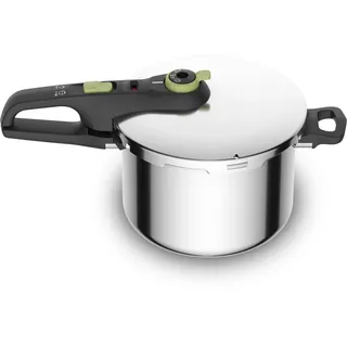 Tefal Secure Trendy Schnellkochtopf 6 L mit Korb 2-Stufen-Garregler: Intensivstufe 117°C, Schonstufe 112°C, Induktions-Kapselboden, für alle Herdarten, Edelstahl/Schwarz/Grün