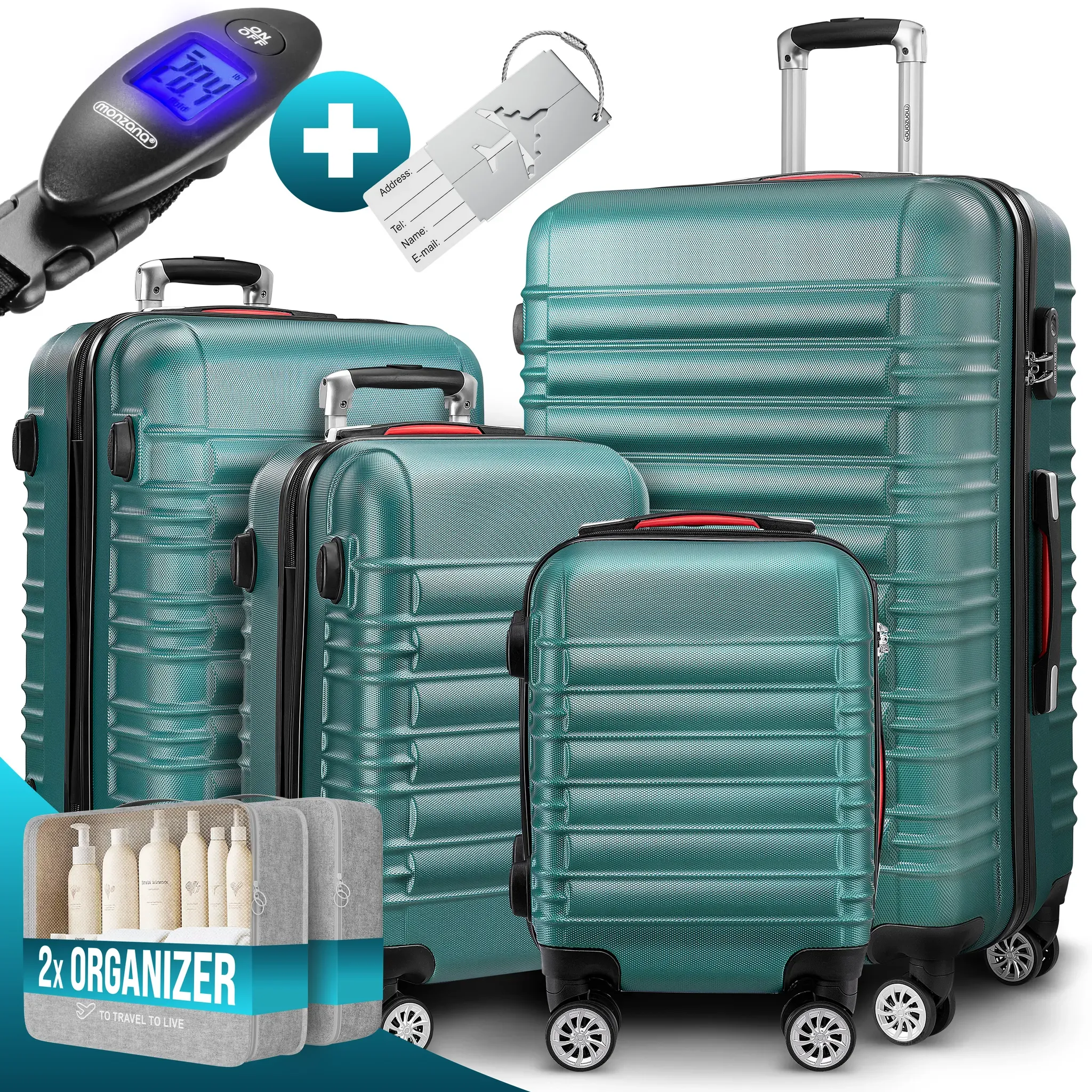 Hartschalenkoffer Set 4-tlg mit Zubehör Rollen 360o Grün ABS