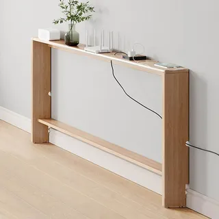 Schmaler Sofatisch, Konsolentisch für Hinter Der Couch, Ablageregal Aus Massivholz für Die Sofarückseite, 2-stufiger Akzenttisch für Eingangsbereich, Flur, Wohnzimmer(Naturholzfarbe - 100x15x69cm)