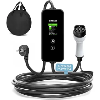 Ladekabel Typ 2 3,7kW [6m, 8-16A] EV Charger mit Steuerbarer Digitalanzeige und Mehreren Schutz,Stromstärke/Ladeleistung Einstellbar 8|10|13|16A, Tragbares EV Ladegerät für PHEV/EV Elektroautos