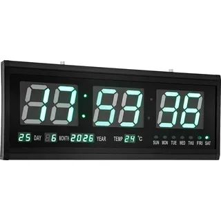 Wanduhr - Digitale LED Uhr - Großes Display 48x19 cm - Wandmontage - Leise - Für Schlafzimmer Wohnzimmer Büro - Schwarz