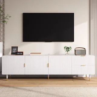 FammyLoft 170cm TV Schrank mit 3 Türen und 2 Schubladen, TV Lowboard mit Goldenen Griffen und Beinen, Fernseher Schrank mit Verstellbaren Füßen für Wohnzimmer, TV-Board, TV-Ständer, Weiß