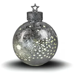 Formano Deko-Kugel Silber- Frosty 35cm LED Licht Timer Beleuchtete Glaskugel - Weihnachtsdekoration Tisch Regal Deko-Kugel 6h/18h Timer Weihnachtskugel mit goldenen Sternen und frostähnlichem Muster, beleuch