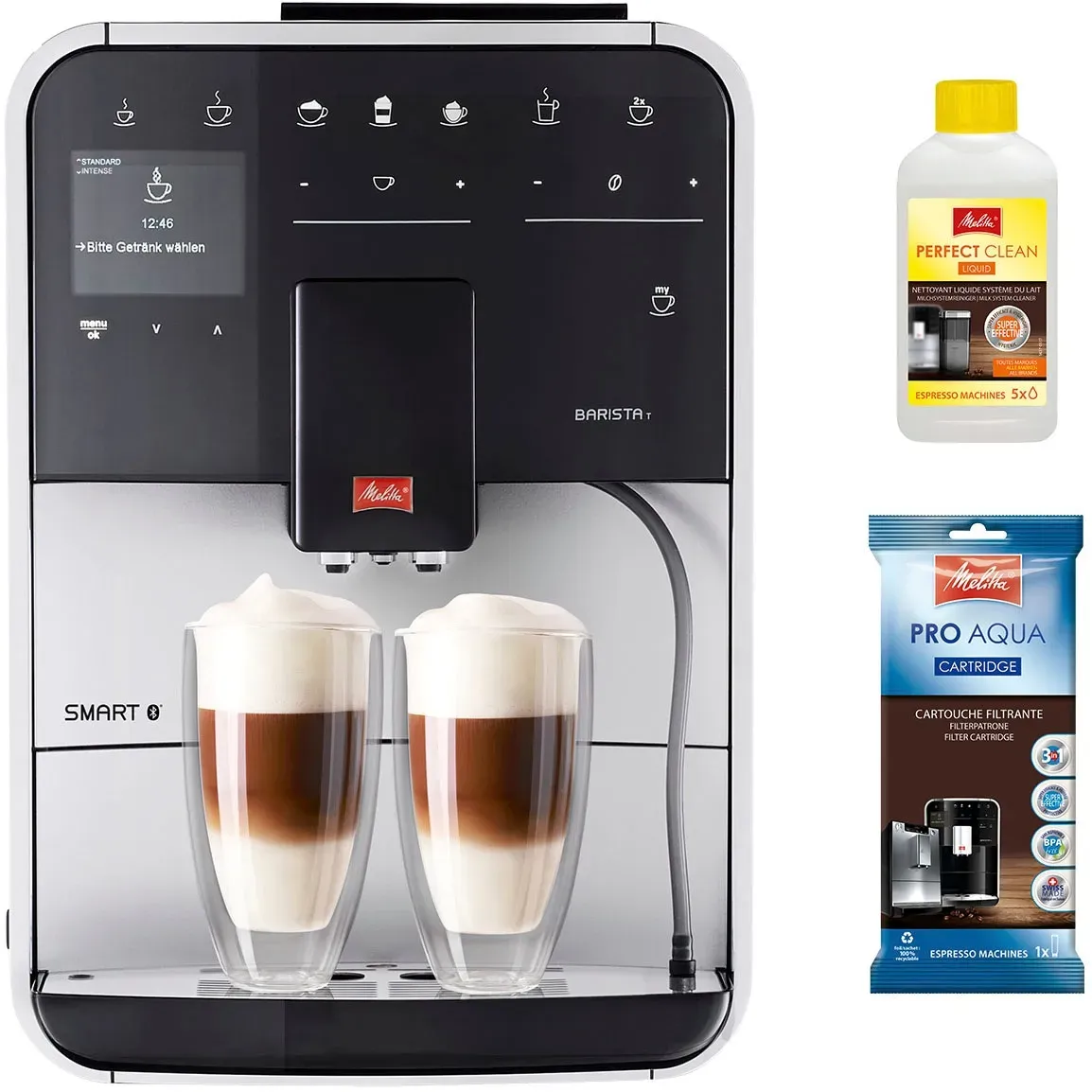Melitta Barista T Smart - Kaffeevollautomat mit Milchsystem, Kaffeemaschine mit Mahlwerk, f&uuml;r z. B. Cappuccino oder Espresso, App Steuerung m&ouml;glich, schwarz/silber
