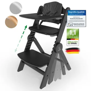 ZWERGHELD® Premium Kinderhochstuhl ZS3 Set - mitwachsend klappbar verstellbar, Hochstuhl Baby ab 6 Monaten bis 90kg belastbar, mit Essbrett - Treppenhochstuhl Kinderstuhl Holz High Chair (pearl-black)