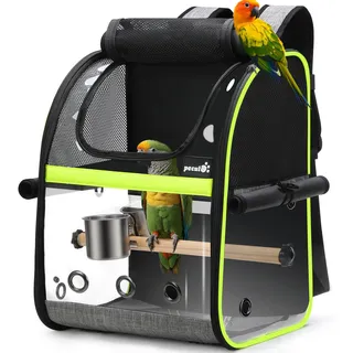pecute Rucksack für Vögel mit Holzstab, Leichte Träger Vogel Transporttasche, wasserdichte Papageien Reiserucksack mit Edelstahl-Tablett und Stehstange, Transportbox Vogel, 34 x 28 x 43cm
