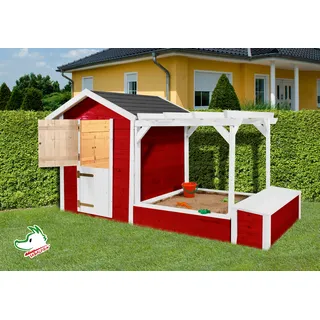 Weka Spielhaus rot mit Pergola und Sandkasten