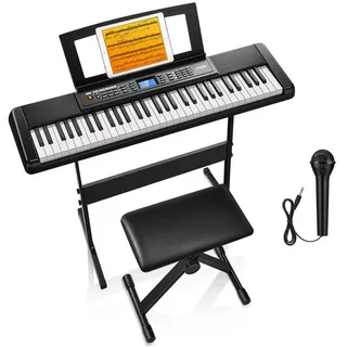 Donner Entertainer-Keyboard DEK-200 Keyboard, 61 Tasten, 300 Rhythmen mit Ständer & Mikrofon (Adapter, Mikrofon, Notenständer, Klavierbank, Klavierständer), Nachklang, Vibrato, Keyboard-Separation, Transponierung, Dual-Sound schwarz
