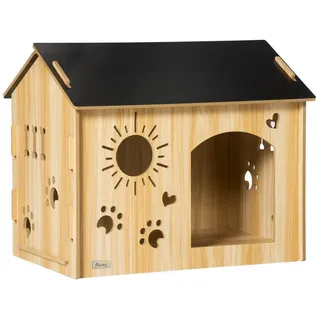 PawHut Hundehütte aus Holz Kleintierhaus mit Lüftungsöffnungen Hundehaus mit Dach Hundehöhle Indoor MDF Eiche+Schwarz 69 x 50B x 58,5H cm