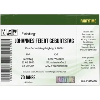 70. Geburtstag Einladungskarten Grün online gestalten und bestellen - Konzertkarte in Grün | Wunderkarten.de