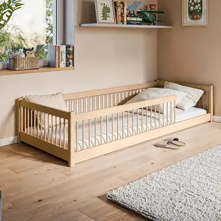 Kids Collective Bodenbett Bett mit Rausfallschutz & Lattenrost Montessori Bett Kinder Jugendbett Einzelbett optional mit Matratze | natur Design 90x200 cm - Naturbelassen
