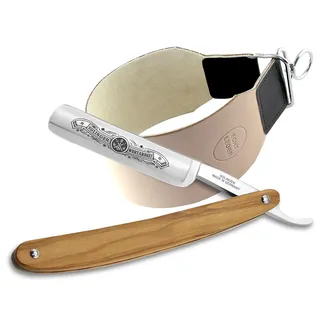 Rasiermesser Solingen im Set mit Extra Breitem Abziehleder Lederriemen Rasier-Set Herren für die klassische Nassrasur – Profi Bartmesser Olivenholz mit Hohlschliff für eine sanfte Schnurr-Bartpflege