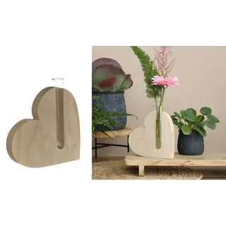 NaDeco Deko Herz mit Reagenzglas 14x 2,8 x 13 cm Deko Vase | Dekovase mit Holzständer | Holz-Herzvase | Holz-Herzvase | Tischdeko Valetinstag | Hochzeitsdeko