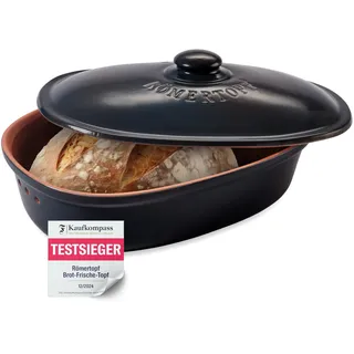 ROMERTOPF Römertopf Brottopf oval MEDI 2,3 Liter - Brotkasten Schwarz aus Keramik - Atmungsaktiver Tontopf für langanhaltende Frische von Brot und Brötchen