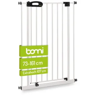 Bomi Türschutzgitter Extrahoch 107 cm - Merle 73-161 cm in weiß für Hunde - Ohne Bohren | Schließt automatisch | Tuerschutzgitter Metall Selbstschließend | Treppengitter zum Klemmen, 90 Grad Feststellfunktion der Tür