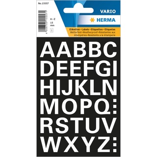 Herma Buchstaben Aufkleber Weiß, 36 Stück, Schriftgröße 15 mm, selbstklebend, wasserfest, wetterfest, groß, Alphabet Sticker Klebebuchstaben A-Z aus Folie zum Aufkleben, schwarz
