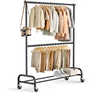 MISSLO Schwerlast Kleiderständer auf Rollen Kleiderstange Doppelt Metall für Hängende Klamotten Ständer Closet Garderobe Rack, Einstellbar, Schwarz