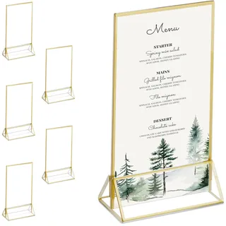 Relaxdays Tischaufsteller 6er Set, Thekenaufsteller DIN A6, Hochzeit, für Menükarten und Fotos, Acryl, transparent/Gold