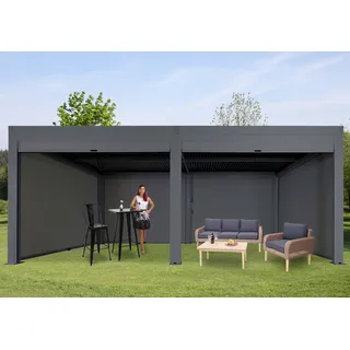 Mendler Pergola HWC-L46 mit 6x Seitenwand, Gartenpavillon Lamellen-Pavillon Rollo, 11cm-Alu-Gestell, sturmfest 3x6m anthrazit - Grau