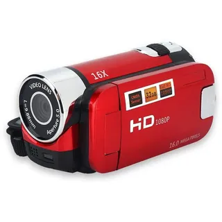 Digitaler Camcorder, 1080P 16X Full HD, hochauflösender 270 ° -Rotations-L-Camcorder, tragbare Video-DV-Kamera mit 2,7-Zoll-Display für Home Party Camping(EU-Stecker rot)