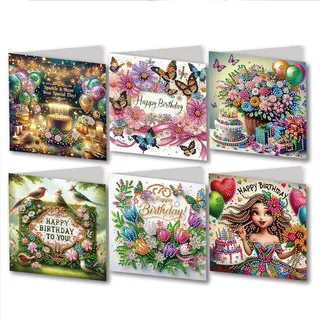CXINLky 5D DIY Diamond Art Painting Karten, 6 Stuck 2025 Diamont Painting Karten, Diamont Painting Karten Geburtstag, Geschenkkarte Feiertags für Familie, Liebhaber,Freunde-06-Geburtstag