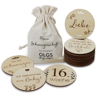 OLGS Holz Baby Meilensteinkarten 40 Meilensteine inkl. Stoffbeutel | Geschenkidee für werdende Mütter & Eltern | Geburt Schwangerschaft Babyparty | SET aus 20 Holzscheiben (Rund Ø 10cm)