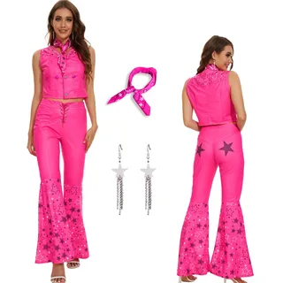 AYYOHON Cowgirl Kostüm 70er 80er Jahre Hippie Disco Outfits Rosa Weste Top Flare Pant Halloween Margot Robbie Cosplay für Frauen XL