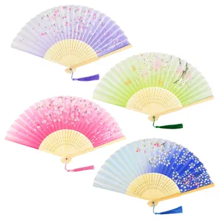 AWCIGG 4 Stück Fächer Handfächer Holz Seide Stoff Faltfächer Chinesische Stil mit Quaste Fächer Groß Klein für Hochzeit Gäste Kinder Damen Mädchen Sommer Folding Hand Fan Asiatische Deko