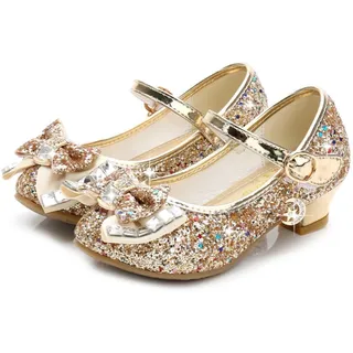 Hixingo Prinzessin Schuhe Mädchen 26-34, Pailletten Prinzessin Schuhe Kinder Stöckelschuhe Mary Jane Mädchen Glitzer für Elegante Geburtstag Verkleidung Partys (117 Gold,28) - 28 EU