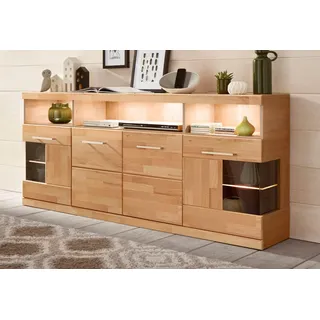 Home Affaire Sideboard »Ribe,180cm breit,Oberplatte aus Massivholz, 9 Fächer«, Holz massiv, Holzwerkstoff, Metall Griffe,2Türen mit Glaseinsatz,