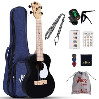Winzz Ukulele Erwachsene Anfänger Set, Konzert Ukulele 23 Zoll, Kinder Einsteiger Kit mit 9 Zubehör (Farbe: Schwarz, Holz)