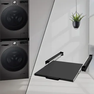 STADO® | Verbindungsrahmen mit ausziehbarer Ablage für Waschmaschine und Trockner | Rutschfester Zwischenbausatz Universal Zwischenbaurahmen 60x55cm (Schwarz, Zwischenbaurahmen mit Ablage)