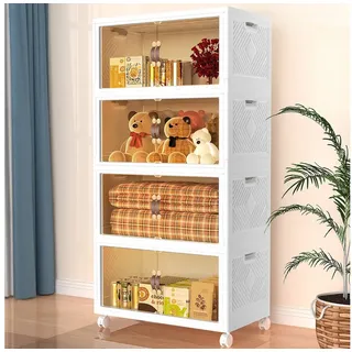 LOVONLIVE Aufbewahrungsbox Faltbare Aufbewahrungsbox mit Rollen 4 Ebenen je 42L für Zuhause &Büro (Faltbarer Lagerschrank mit Rollen und magnetischen Türen, 4-stufig mit je 42L Stauraum, klappbar, mobil, leicht zu montieren), Stabil stapelbar, platzsparend, 360° Rollen, ohne Werkzeug aufbaubar weiß