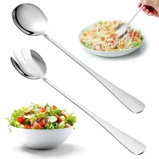 Fzyisw 2 Stück Salatbesteck Edelstahl Groß 28CM Servierlöffel Salat Salatgabel Groß, Salatgabeln aus Edelstahl, Salatlöffel mit Langen Griffen, Salatbesteck Set für Küche, Esszimmer