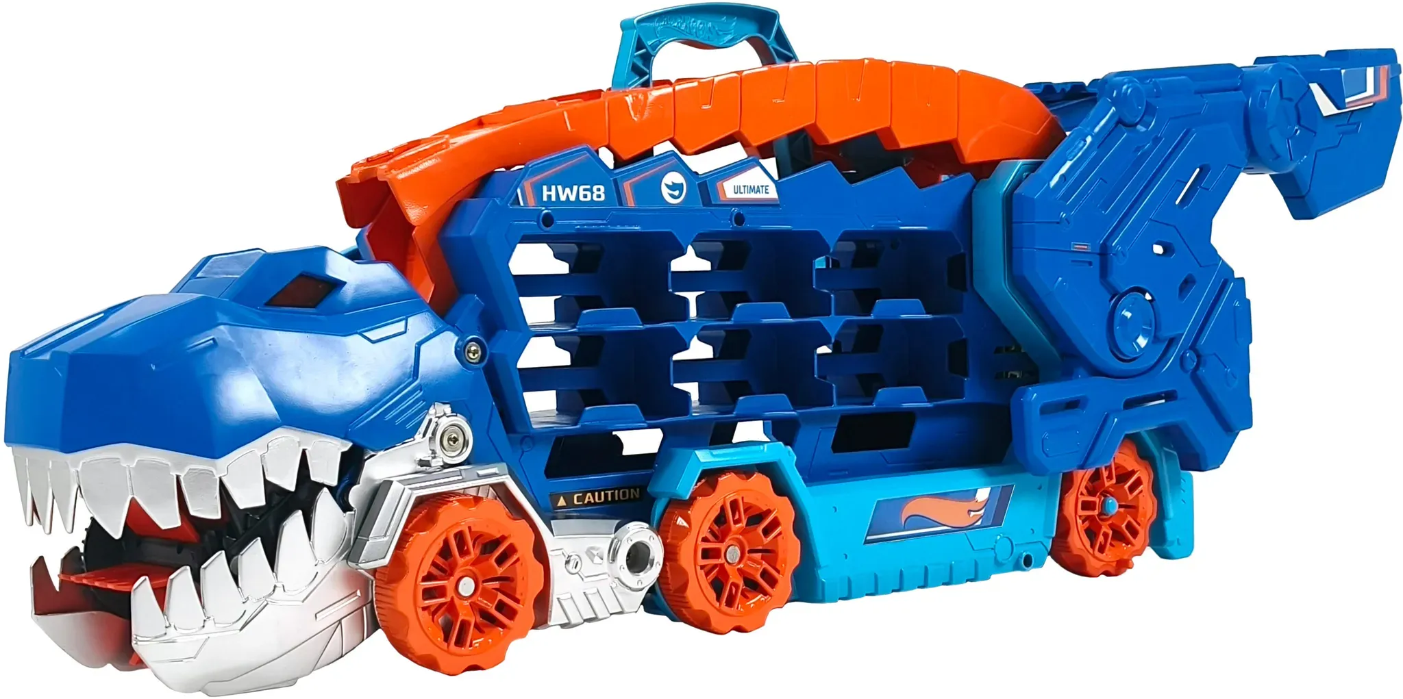 Der Hot Wheels City Ultimative Transporter verwandelt sich in einen T-Rex mit Rennstrecke, Aufbewahrung von mehr als 20 Autos