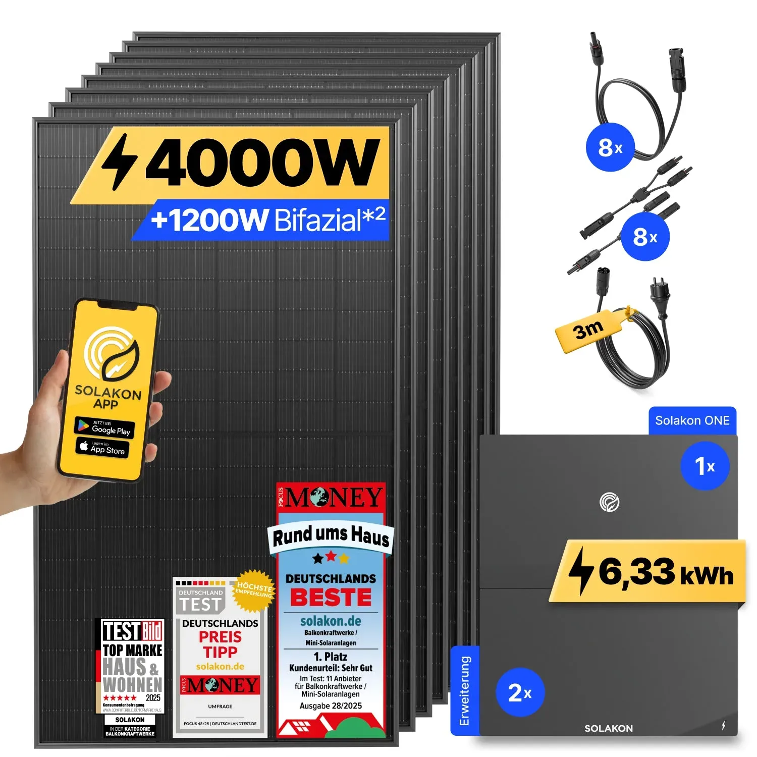 onPower Plus: 4000 Watt Solaranlage - ohne Halterung / 6.33 kWh / 3m