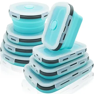 lunememo 8 Stück Faltbare Brotdose, Faltbare Frischhaltedosen mit Deckel, Zusammenklappbare Lunchbox aus Silikon Faltbare Schüssel Camping, BPA Frei, Grün