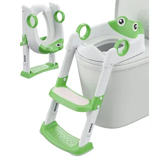 Toilettensitz Kinder mit Treppe, WC Sitz Kinder für Jungen und Mädchen, Höhenverstellbar und Klappbar, Toilettenaufsatz Kinder mit Gepolsterter, Spritz- und Rutschfestes Trittbrett(Grün/Weiß)